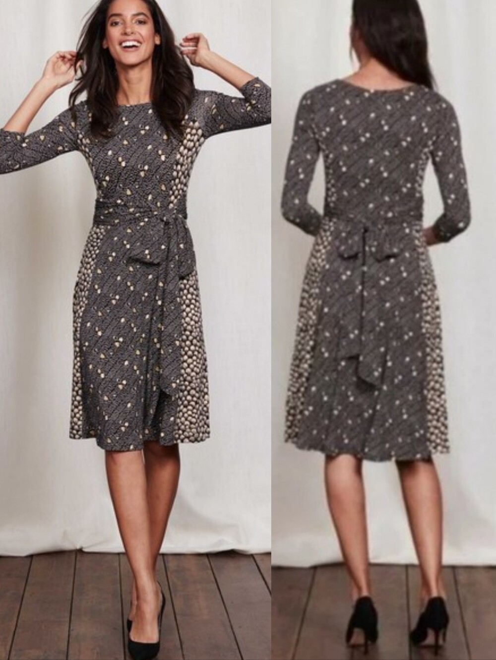 Boden Anna Hotchpotch Faux Wrap Around Waist Belt Fit Flare Midi dress 14L Long